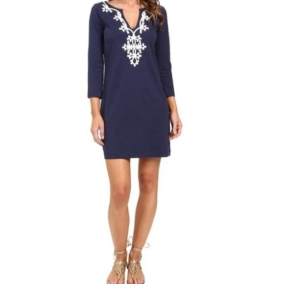 Lilly Pulitzer Marina Pima Cotton Embroidered Quarter Sleeve Shift Mini Dress XS - Picture 1 of 10